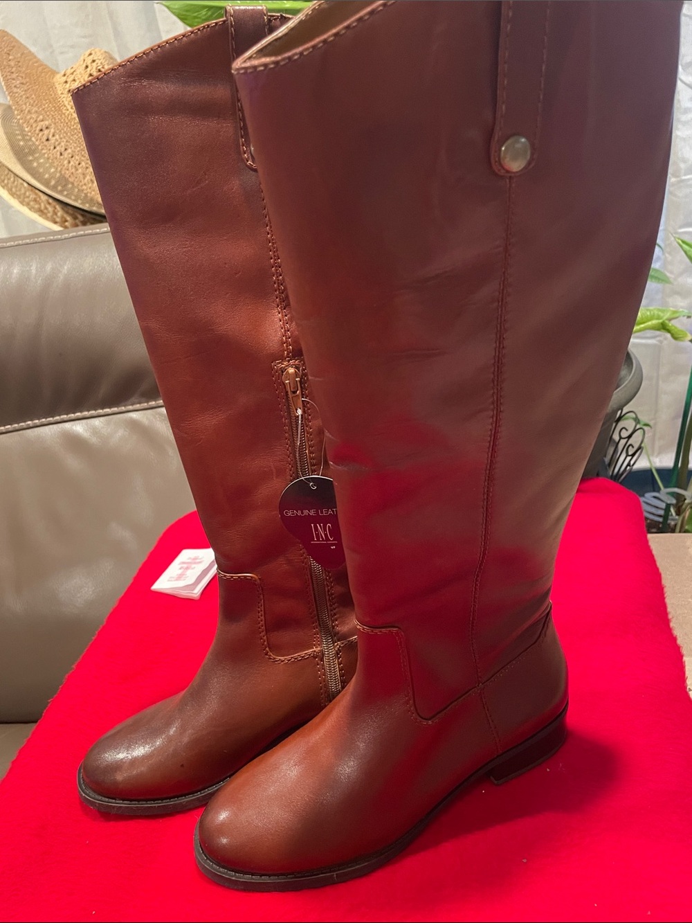 INC International Concepts Brown Leather Lace-Up Knee Boots